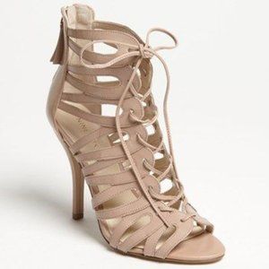 NINE WEST Kenie Bootie Leather Peep toe Lace-up Sandal Heels Nude/Blush